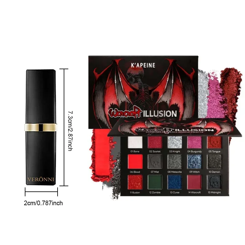 Gothic Eyeshadow Palette 15 Colors & Black Lipstick - Dark Romantic Smoky Eye Vampire Halloween Makeup Matte Shimmer Dark Lip