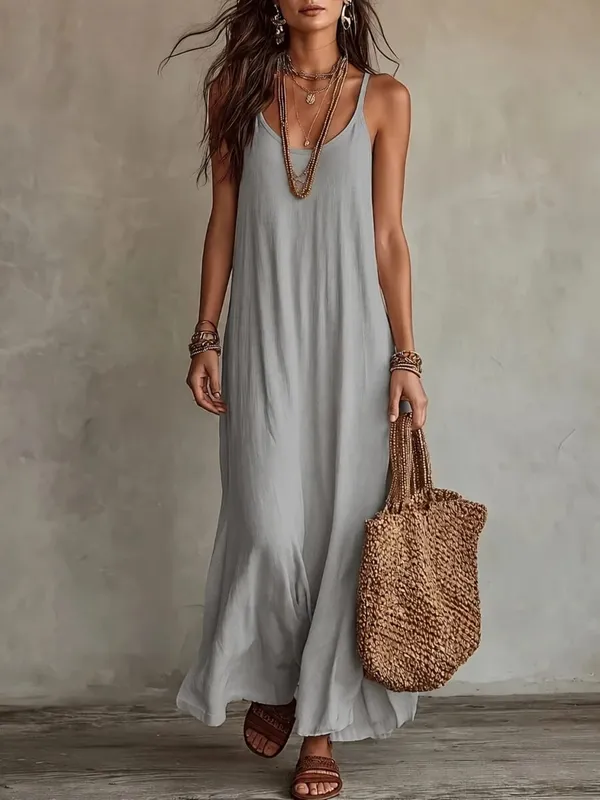 Women's Loose A-Line Long Dress with Thin Straps — image 4