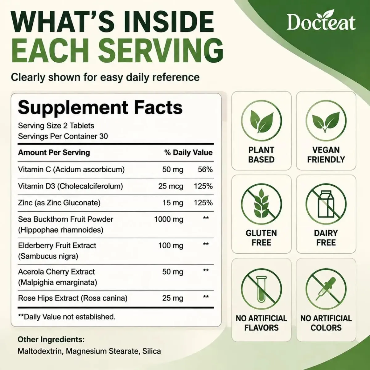 Docteat Sea Buckthorn 1000mg Tablets Daily Immune Function Support Antioxidant Nutrition Vitamin C Zinc Vitamin D3 60 Tablets — image 3