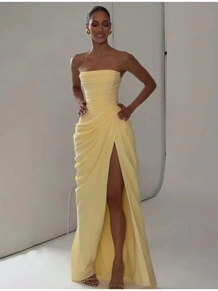 Solid Sexy Pleated Strapless Dress Women Chic Off-shoulder Backless High Waist Split Maxi Dresses 2026 New Evening Party Gown — image 1