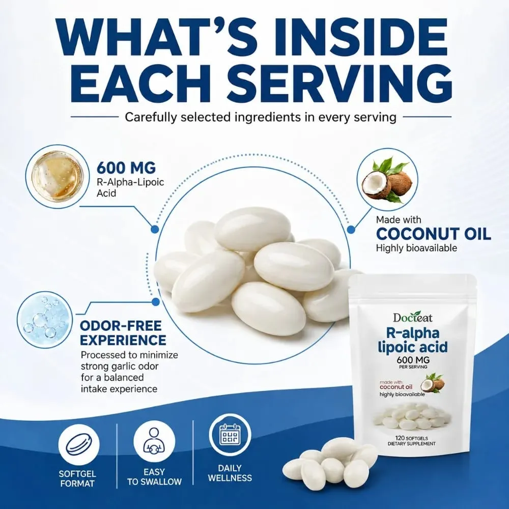R-Alpha Lipoic Acid Softgels 600 mg Per Serving 120 Count Made with Coconut Oil Convenient Daily Wellness Nutritional Support — image 7