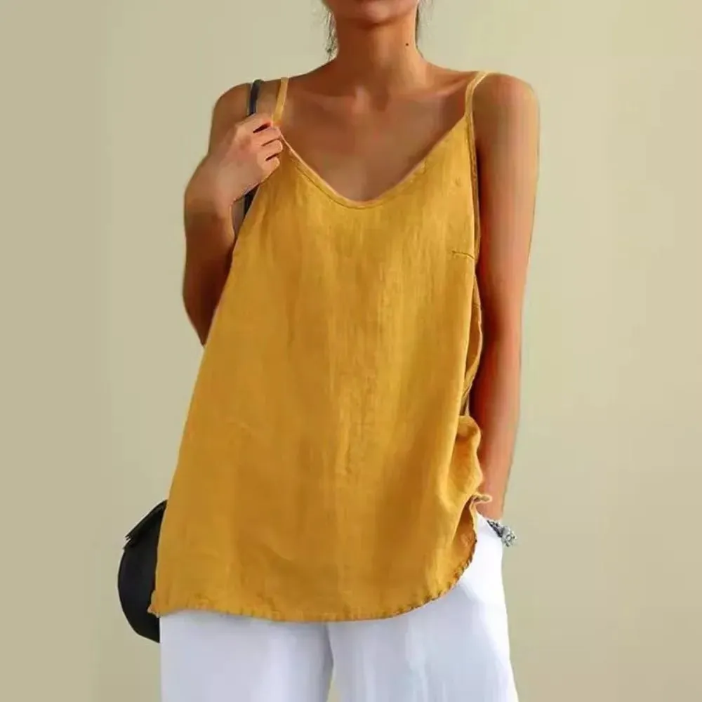 Basic Cotton Linen Spaghetti Strap Top V Neck Sleeveless Sleeveless Tank Top Loose Fit Breathable Camis Top Summer Wear — image 8