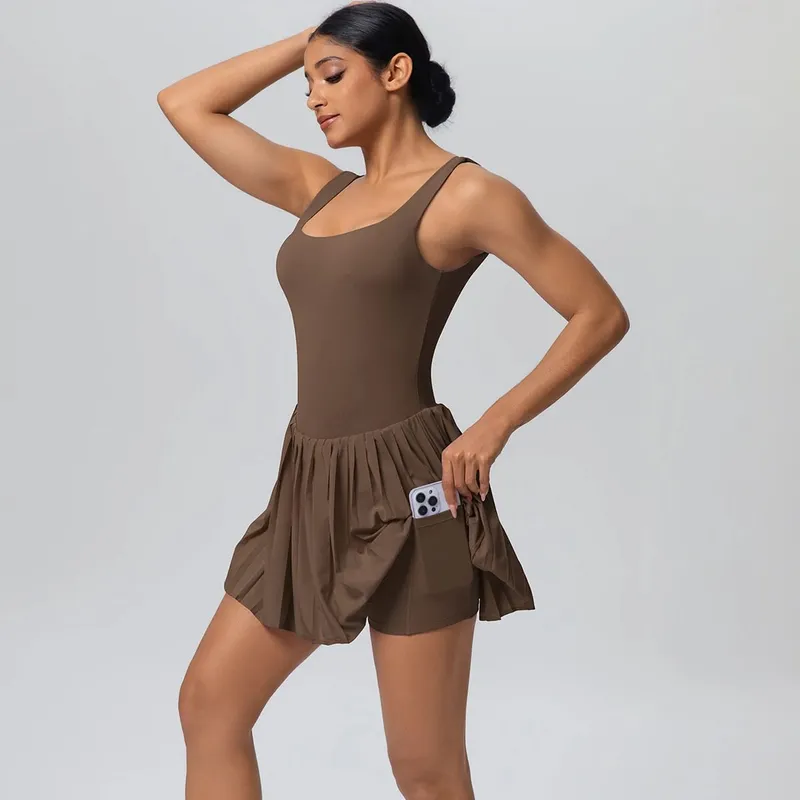 New Lifting Sports Jumpsuit Tennis Skirt With Pockets Yoga Womens Dresses Breathable Naked Feel Backless Female Sportswear — image 9