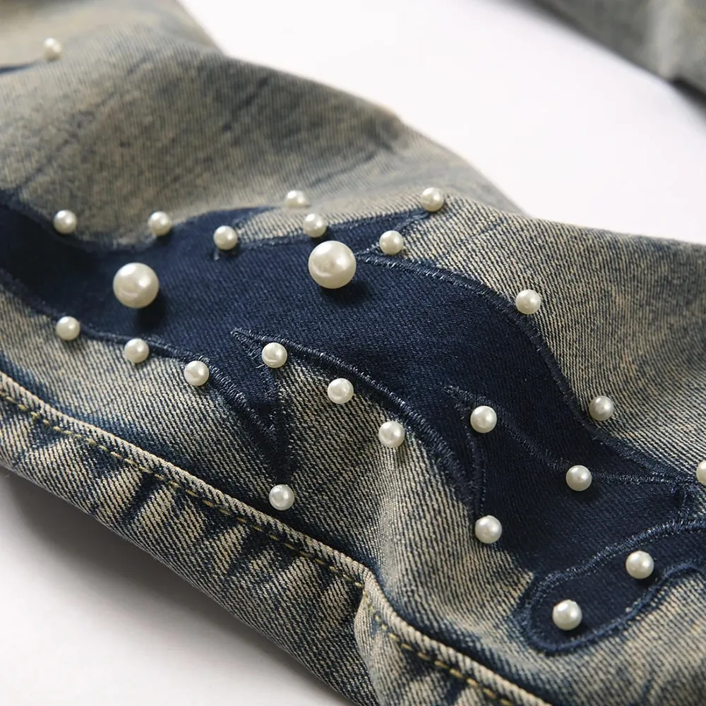 Men's Pearl Boot Cut Denim Jeans Embroidery Patch Slim Flared Pants Casual Streetwear Vintage Blue Trousers — image 4