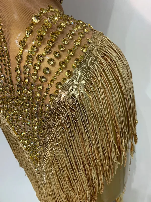 Sexy Stage Costume Sparkly Rhinestone Mesh Transparent Sequins Tassel Evening Birthday Party Nightclub Dance Singer Outfit