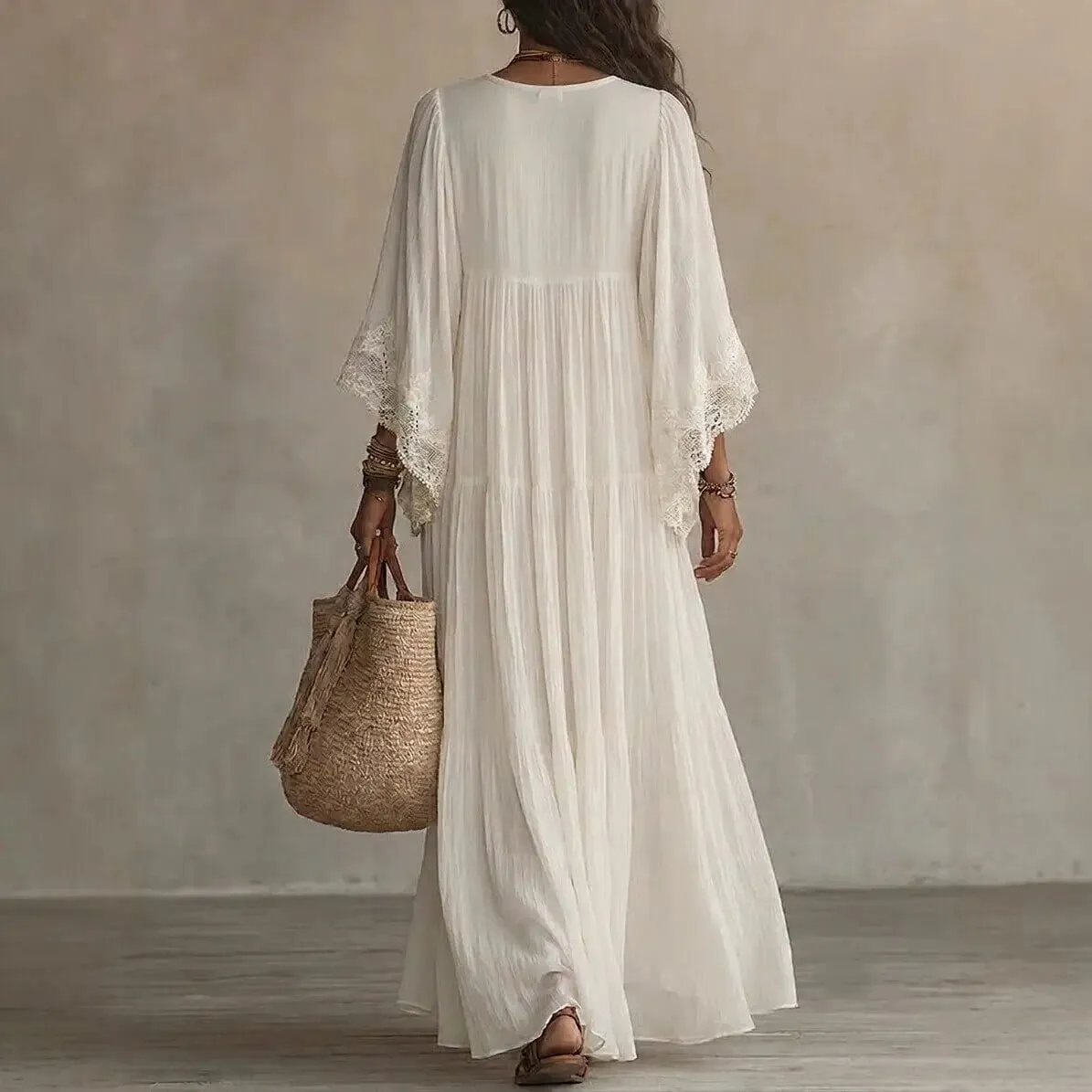Summer Elegant Solid Dresses Womens Casual Lace Trim V Neck Flowy Maxi Dress Beach Holiday Party Maxi Dresses Robe Vestidos — image 3