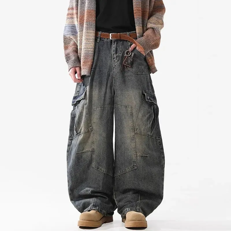 Retro Multi Pocket Curved Knife Jeans Autumn And Winter Vintage Wide Leg Workwear Pants Korean Version High Street Men'S Jeans
