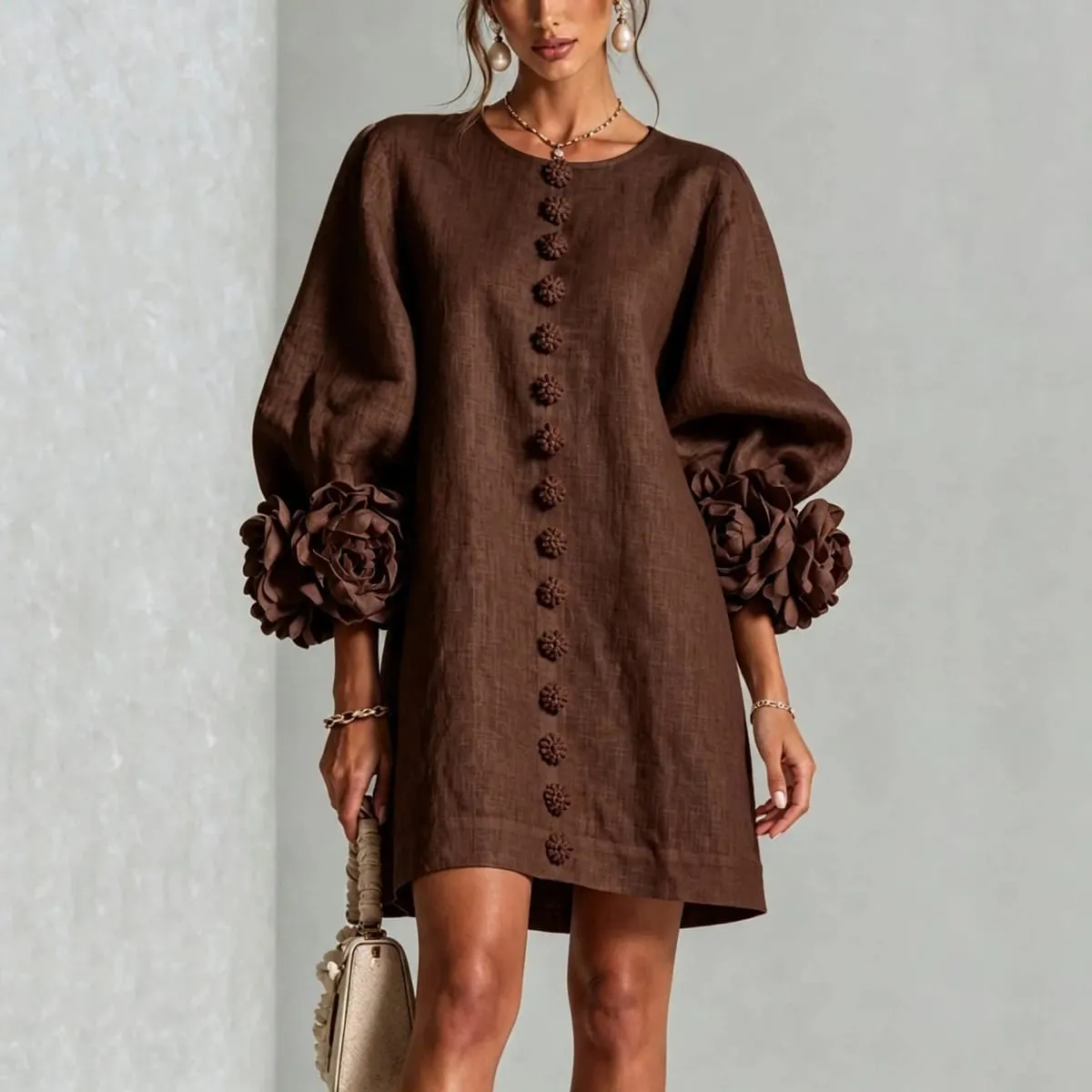 Women Spring Autumn 3D Flower Long Lantern Sleeve Cotton Linen Mini Dress Solid Crew Neck Loose Elegant Daily Wear Short Dress — image 2