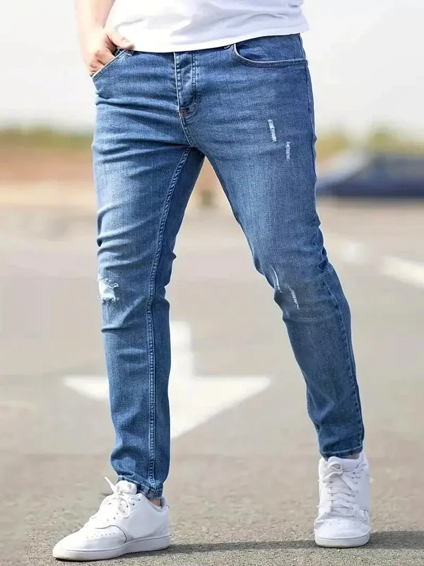 Men's American Retro Hole-Punched Stretch Slim Fit Jeans Zipper Casual Streetwear Denim Pants Classic Black Blue Skinny Trousers — image 4