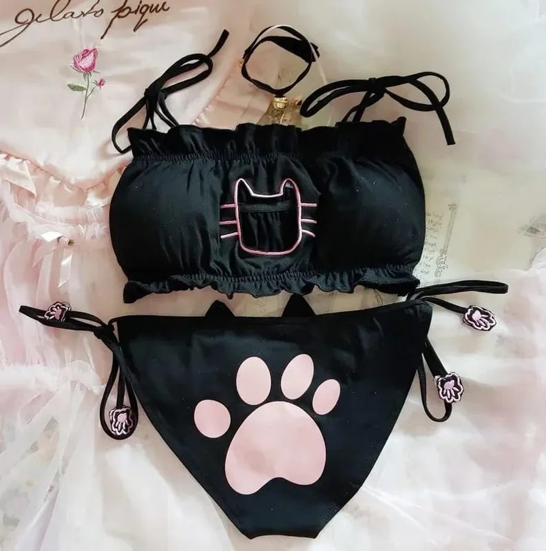 Japansk Anime Kat Pige Cosplay BH Trusser Sæt Kvinder Sexet Lingeri Undertøj Intimates Kawaii Lolita Hollow Out Kitty Nattøj