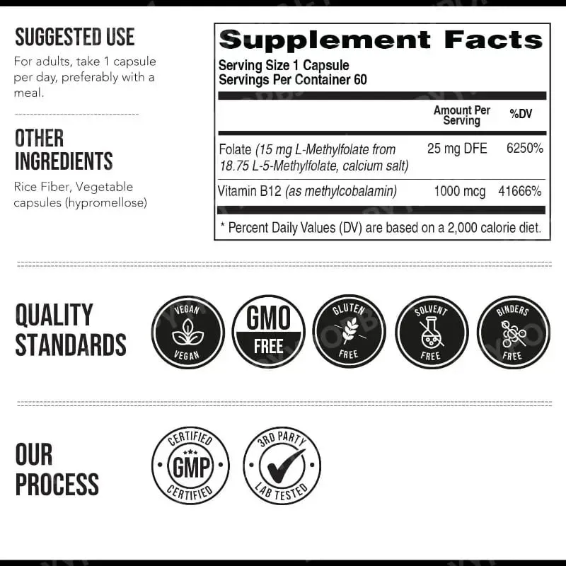 L Methylfolate 5 MTHF 15mg Plus Methyl B12 Vitamin B9 Active Form Nutritional Supplement 60 Capsules — image 6