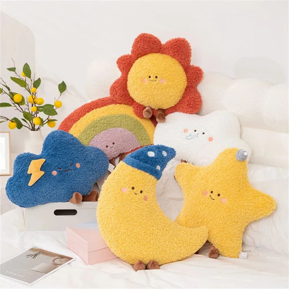 Almohada de cielo estrellado suave, almohada de felpa con forma de estrella, luna y arcoíris, almohada creativa de nube y sol, cojín para dormir, decoración del hogar — image 2