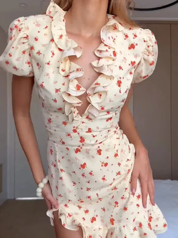 Sexy Floral Printed Mini Dress Women V-neck Flared Sleeve Waist Cinching Ruffle Bodycon Vestido 2026 Lady Party Vacation Gowns — image 11