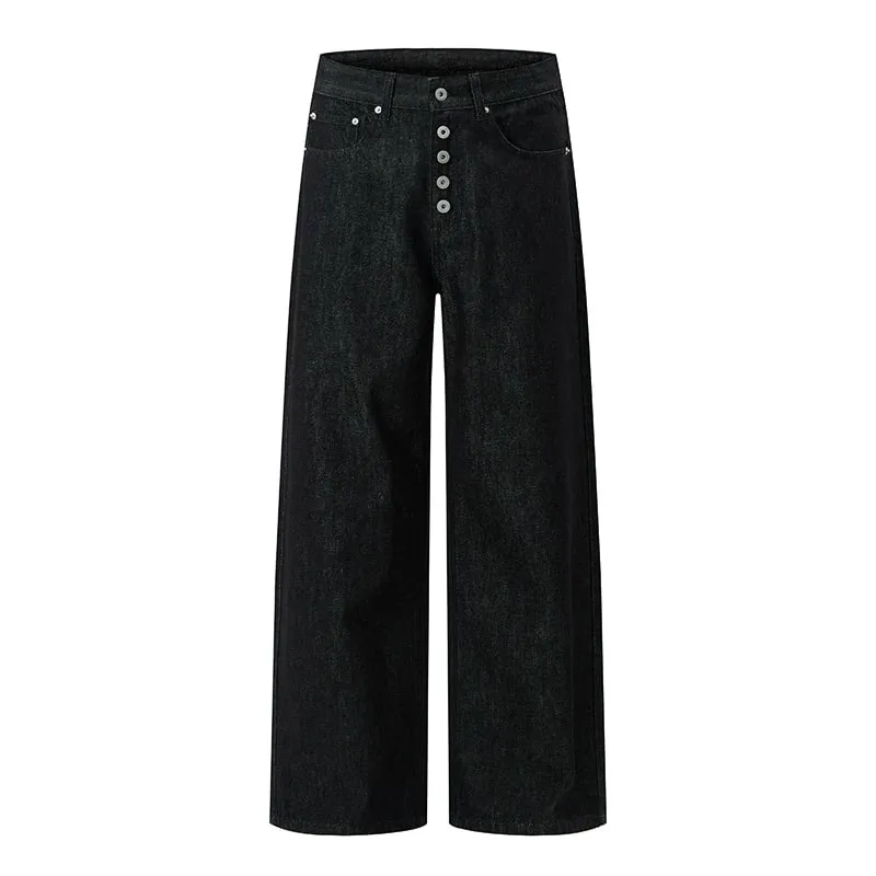 Autumn New Black Men's Loose Casual Raw Denim Versatile Long Pants Wheat Ear Front Button Design Straight Cut Jeans 9X4149