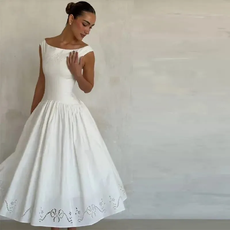 Chic Vintage White Boat Neck Dress Embroidered Cap Sleeve Cutwork Hem High Waist Flowy A-line Gown 2026 New Evening Party Outfit — image 8