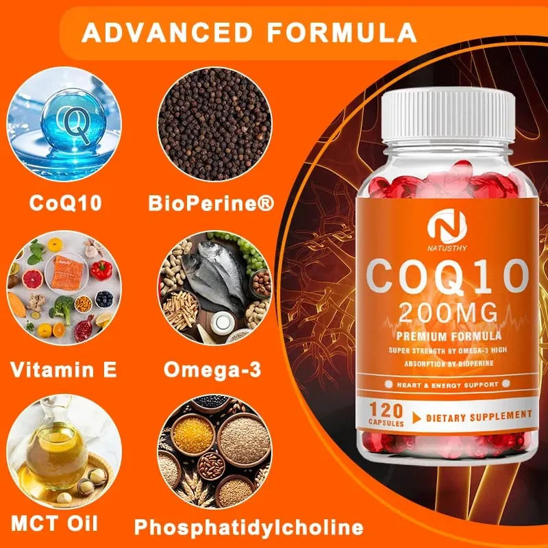 COQ10 Coenzyme Q10 200mg for Energy Antioxidant Cardiovascular Brain Health Natural Non-GMO