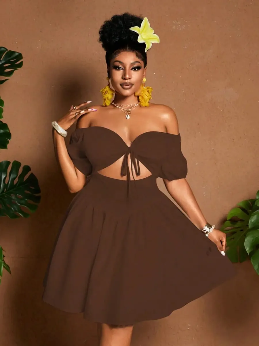Plus Size Women One-Shoulder Waist-Tie Bubble Sleeve Dress Summer Vacation Style Casual Short Dress Plain Pattern — image 6