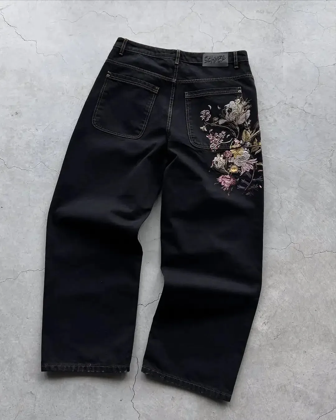 2026 Japanese style high street patchwork embroidered jeans men's goth Harajuku fashion wide leg jeans y2k retro casual pants — image 12