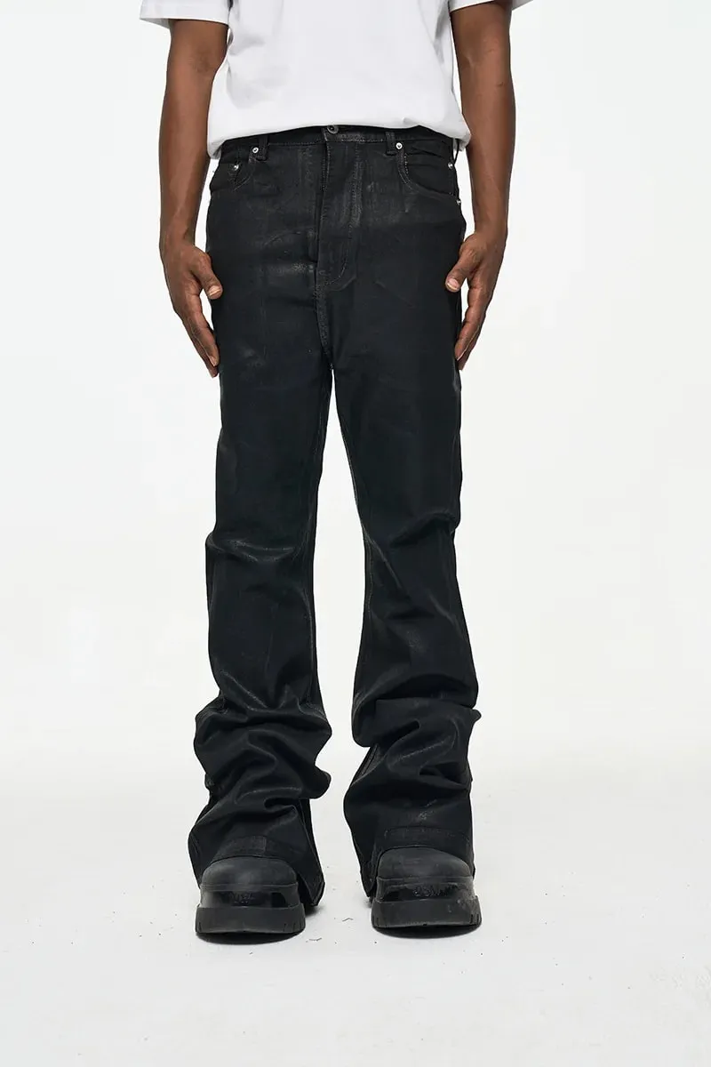 2026 High Street Coated Brushed Micro-flared Floor-length Jeans for Men Retro Street Wear Loose Micro-elastic Waxed Pants — image 7