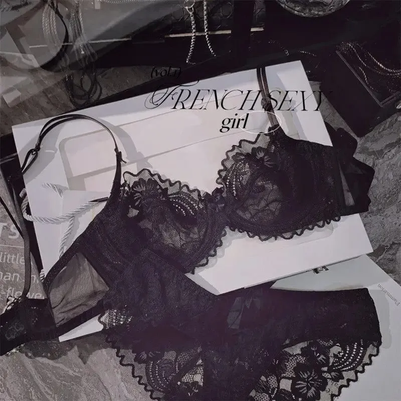 Chic French Ultra-thin Lace Lingerie Set Large Breasts See-through Underwire Bra small Bust Lift Elegant Soft Feminine Set S-xl — image 12