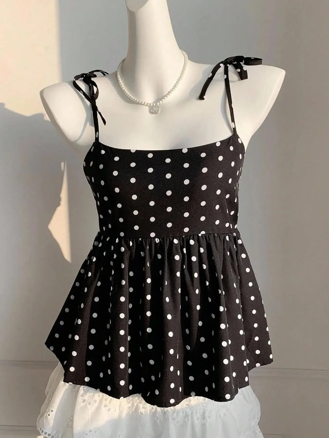 Women's Polka Dot Crop Cami With Spaghetti Straps And Flared Hem Polka Dot Camisole Babydoll Top Babydoll Tops Polkadot Top Cute