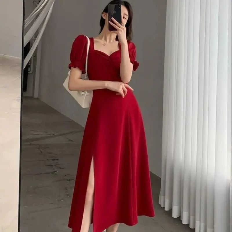 Solido Puff a maniche corte Elegante vestito con lo spacco Nuove donne di moda Scollo a V Abiti completi Donna Vita alta Slim Abiti da sera — image 4