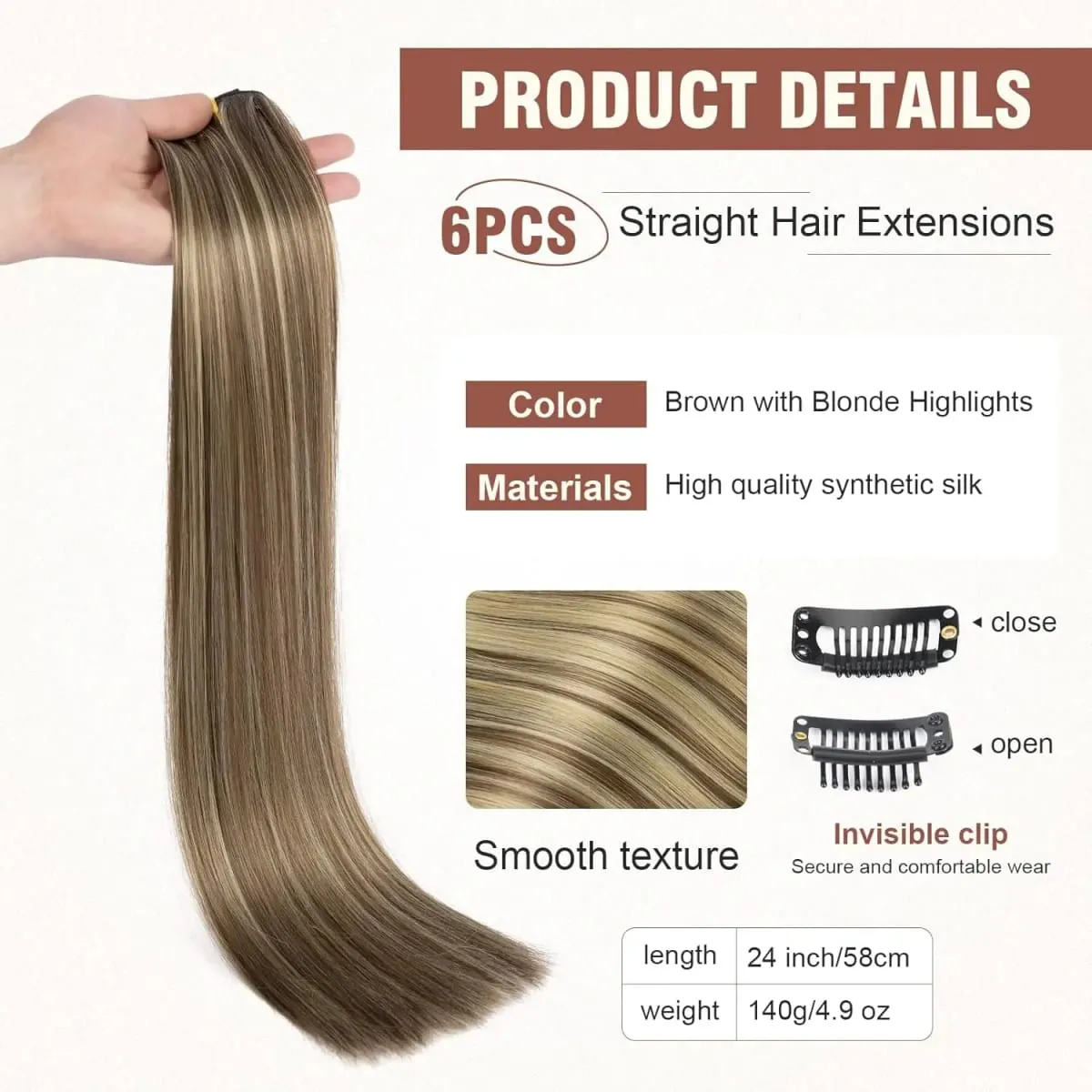 Synthetic Clips in Hair Extensions 6Pieces/Set 24 Inch Long Straight Extensions for Women Hairpiece — image 5