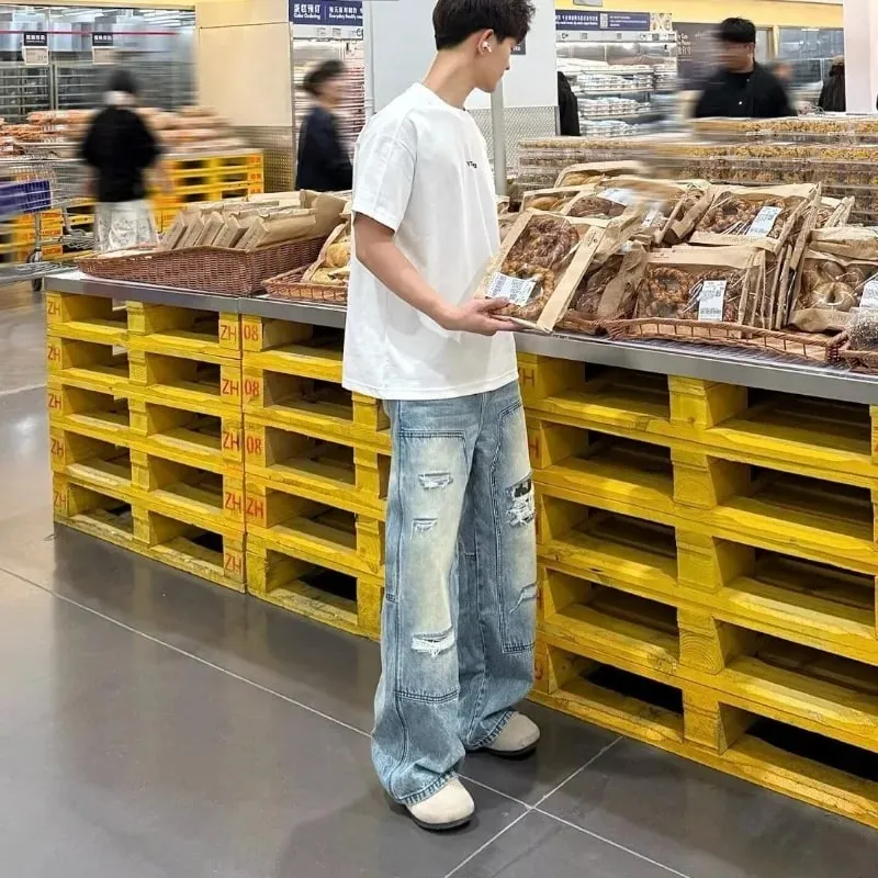 Mænds jeans Mandebukser Kraftig vasket multilomme snedkerstil Lige løse denimbukser Casual Fit High Street — image 5