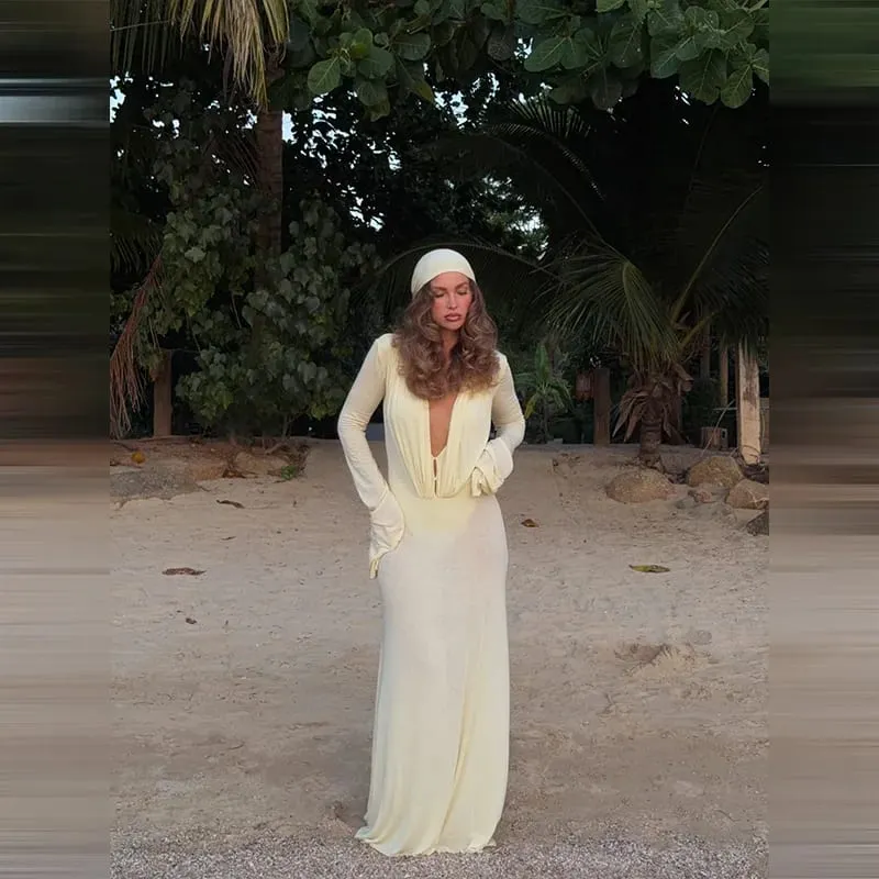 Women's Sexy Sheer Mesh Long Sleeve Maxi Dress Deep V Neck Long Sleeve Party Gown Stylish Lady Ruched Slim Fit Club Beach Wear