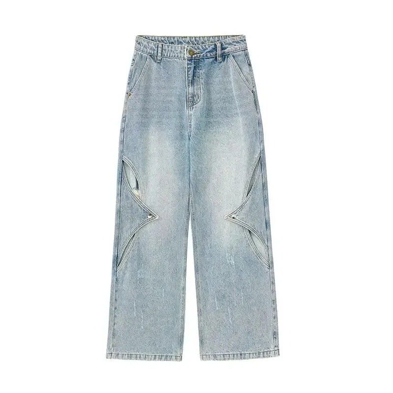 2025 New American style patchwork structure denim pants with holes men's and women's loose wide leg unisex straight leg jeans