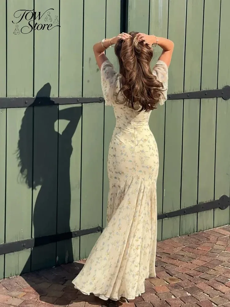 Y2k Floral Print Women's Long Dress Elegant Ruffle V-neck Cap Sleeve Summer Dresses 2026 Female Casual Vacation Party Outfit — image 5