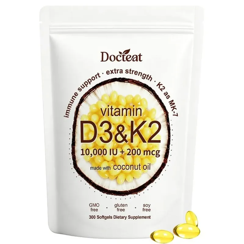 Docteat Vitamin D3 & K2 Softgels with Immune Support and Bone Health Coconut Oil GMO Free Gluten Free Soy Free 300 Softgels