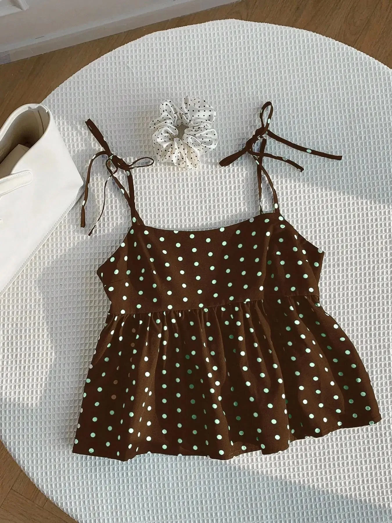 Women's Polka Dot Crop Cami With Spaghetti Straps And Flared Hem Polka Dot Camisole Babydoll Top Babydoll Tops Polkadot Top Cute — image 11