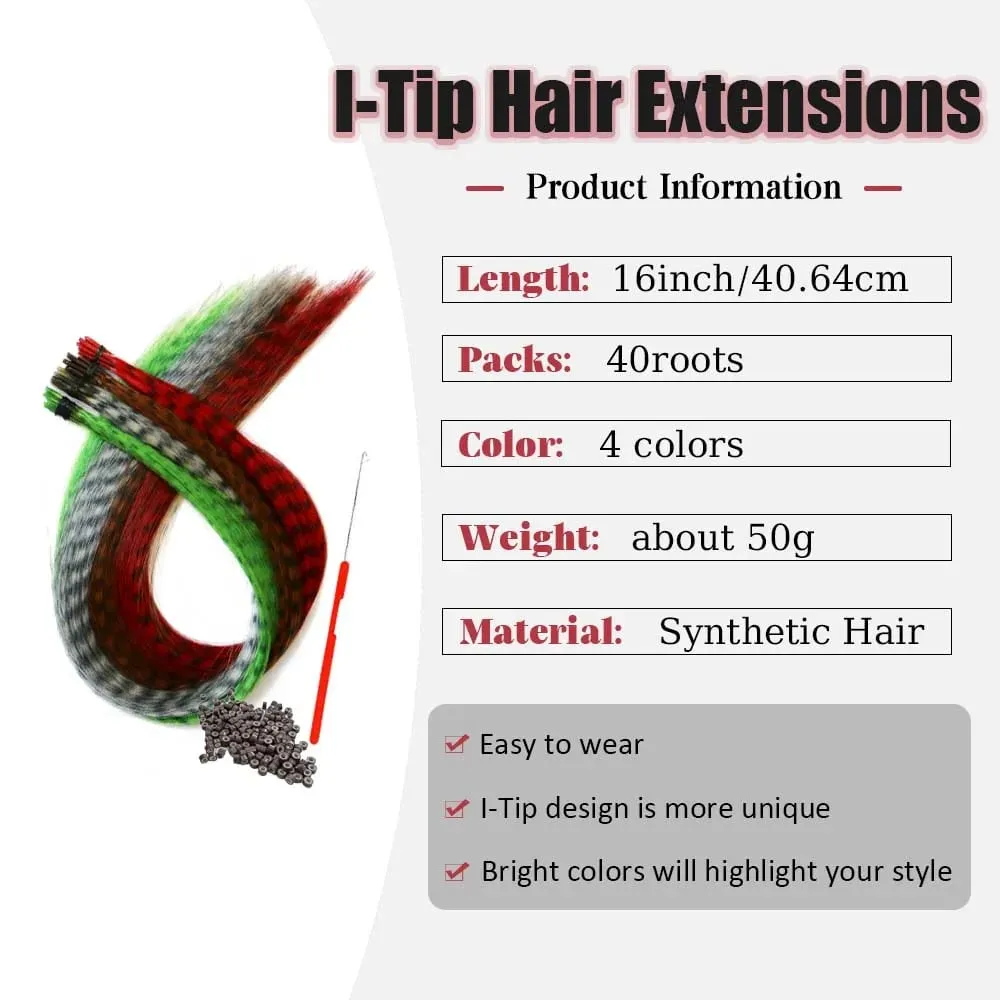 16''4 mixed-color I-TIP Sweet-Cool Hot Style Y2K MillenniumHot Girl Neon Leopard Print Colorful Feather synthetic hair extension — image 3