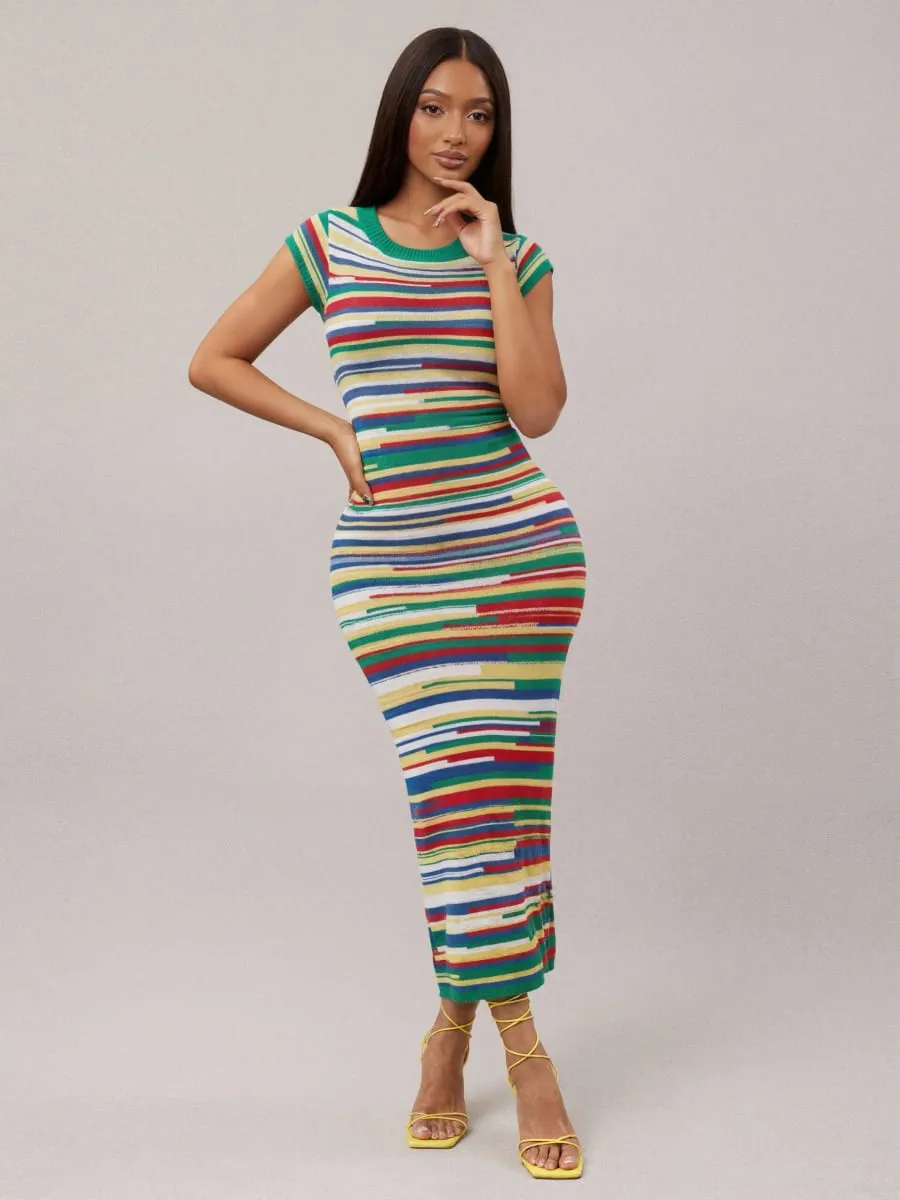 Multi-color rainbow-striped knitted round-neck short-sleeved dress suitable for various daily outfits elegant and casual women