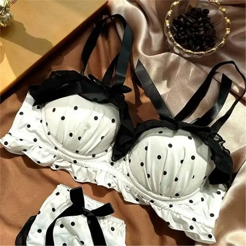 Sexy Lace Polka Dot Thin Bra Set Small Chest Gathered Collection of Accessory Breasts Comfortable Underwire Underwear Set — image 6