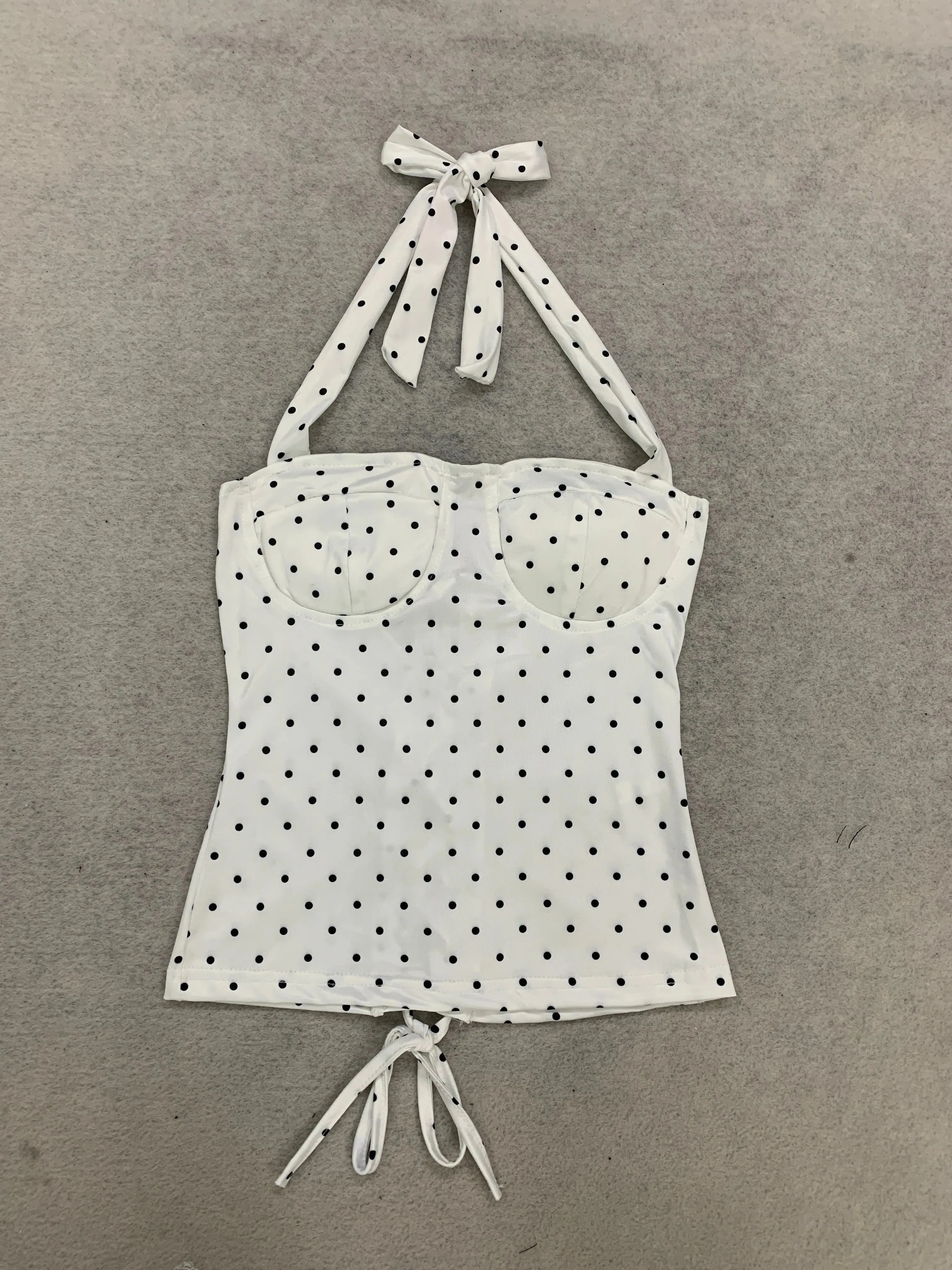 Women's Polka Dot Ruched Back Bodysuit-style Retro Tie-up Strappy Top Sweet Y2K Party Streetwear Ladies Top — image 8