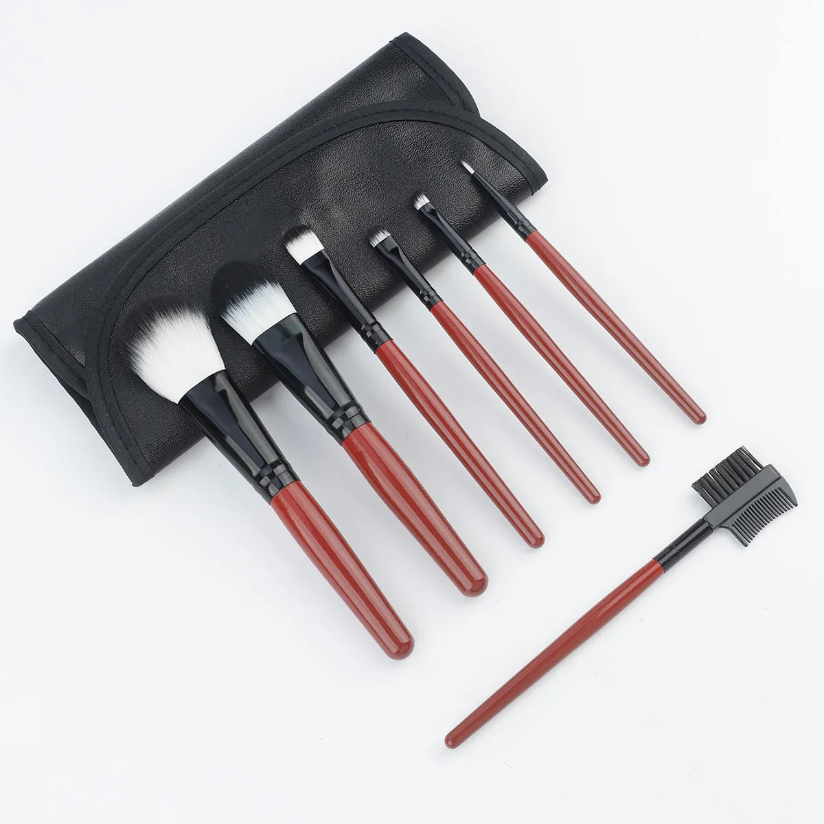 7 Pcs Wine‑red Handle Makeup Brush Set With PU Leather Storage Bag Soft Bristle Powder Blush Eyeshadow Cosmetic Brushes Kit — image 5