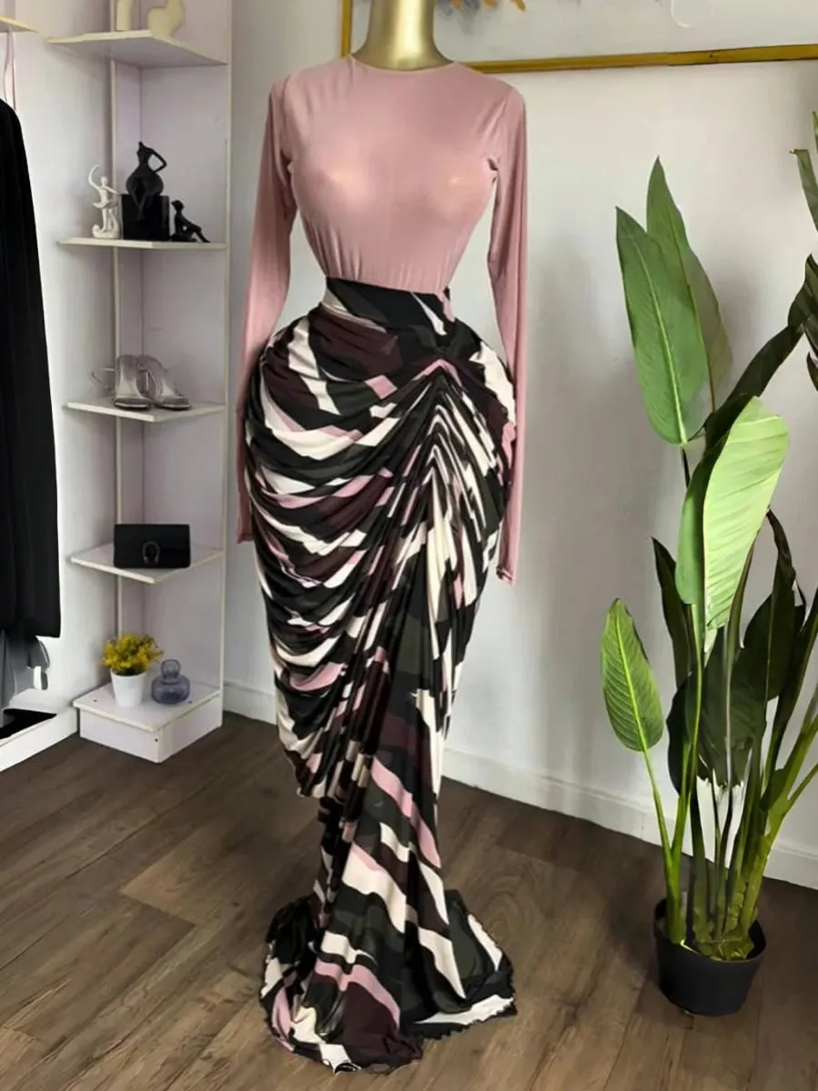 CM.YAYA Women Tie Dye Striped Patchwork Stacked Ruched Bodycon Midi Maxi Long Dress Fall Winter Education Vacation Prom Dresses — image 5