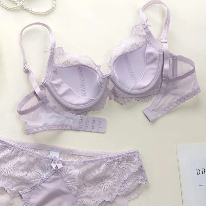 French Thin Cup Women Underwear Set Sexy Lace Flowers Embroidery Bra Summer Violet Comfort Push Up Bra and Panties Lingerie Sets — image 4