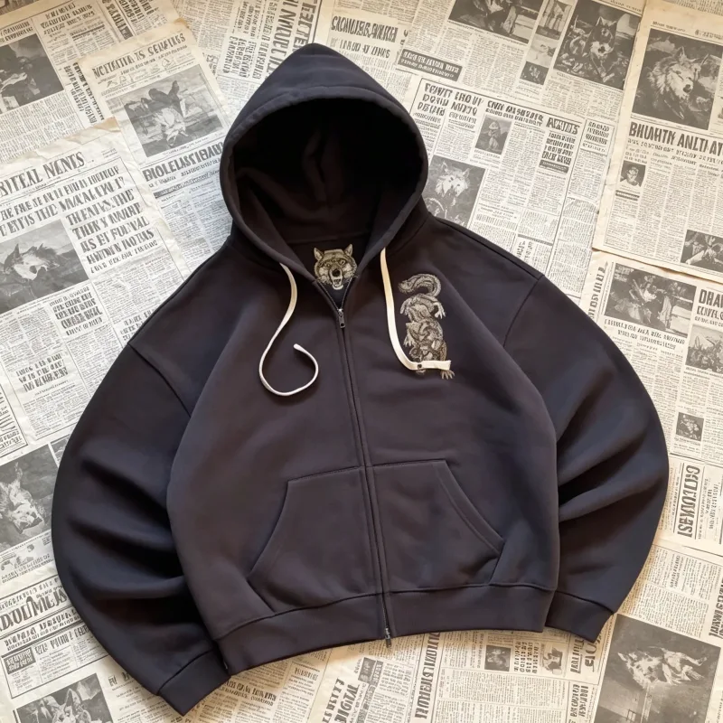 Y2K Grey Wolf Embroidered Hoodie Fashion Hip Hop Unisex Double Zipper Sweatshirts Oversized Vintage Harajuku Dark Street Jacket