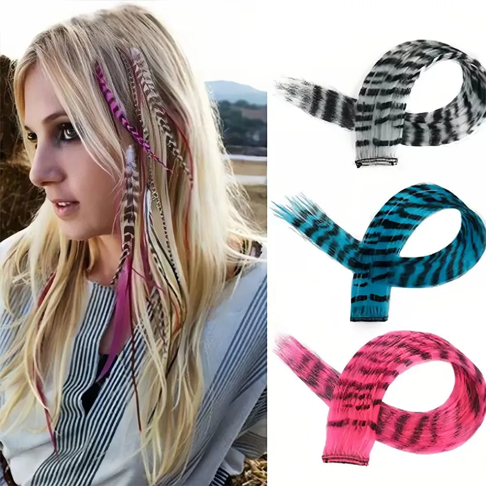 Synthetic Hair Extension18" Long Straight Women High Temperature Clip in Hair Extension Hairpiece Feather Wig Blue Rose Colorful — image 3