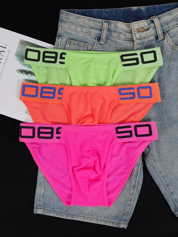 Calzoncillos transpirables de malla de mezcla de nailon para hombre, ropa interior Sexy de Color fluorescente con letras de empalme de cuerno en relieve, cinturilla elástica ancha — image 6