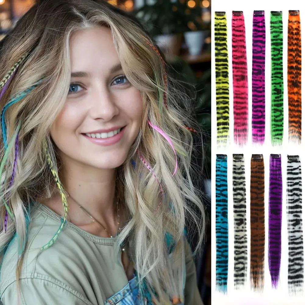 Synthetic Hair Extension18" Long Straight Women High Temperature Clip in Hair Extension Hairpiece Feather Wig Blue Rose Colorful — image 2