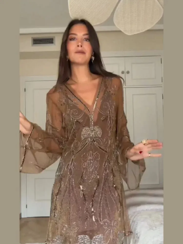 Vintage Sequin Sheer Mini Dress For Women Chic Floral Embroidery V-neck Long Sleeve Ruffled Hem Dresses NEW Party Cocktail Dress — image 2