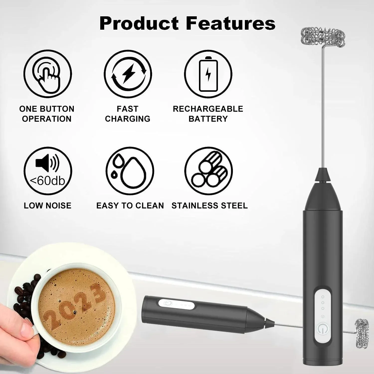 Milk Frother USB boleh dicas semula 3 Kelajuan Pembuat Buih Kopi Whisk Mixer Pemegang Elektrik Blender Pemukul Telur — image 7