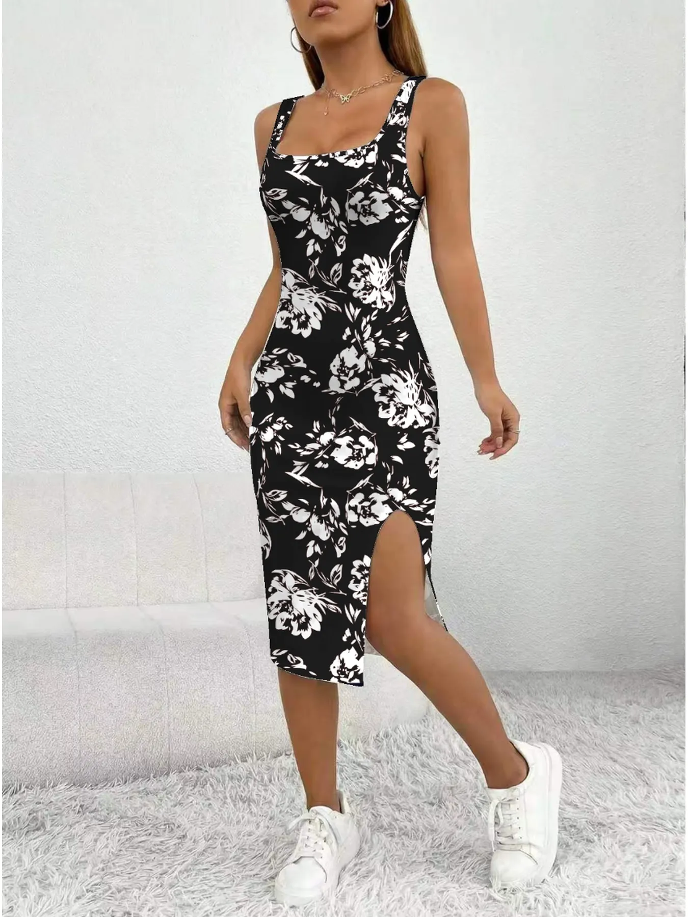 Women's Summer Casual Elegant Comfortable Square Neck Geometric Pattern Floral Pattern Slit Dress Mid Length Skirt