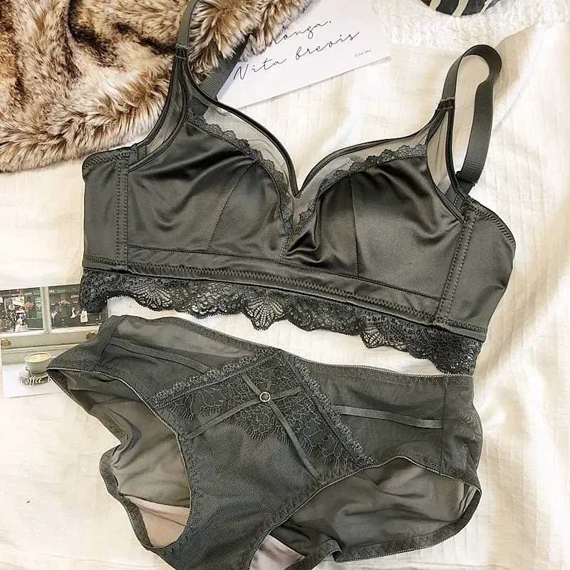 Size Thin Cotton Cup Intimates Lace Women Sexy Push Up Lingerie Sets Wireless Silky Satin Mesh Luxury Lady Underwear — image 8