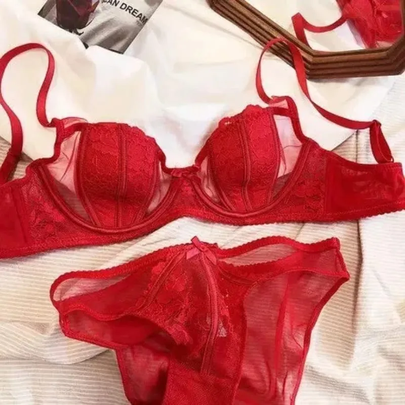 Ensemble Lingerie Dentelle Française Brodée Bonnets Oreille De Lapin Fil Doux Push Up Respirable Amincissant Confort Élégant — image 3