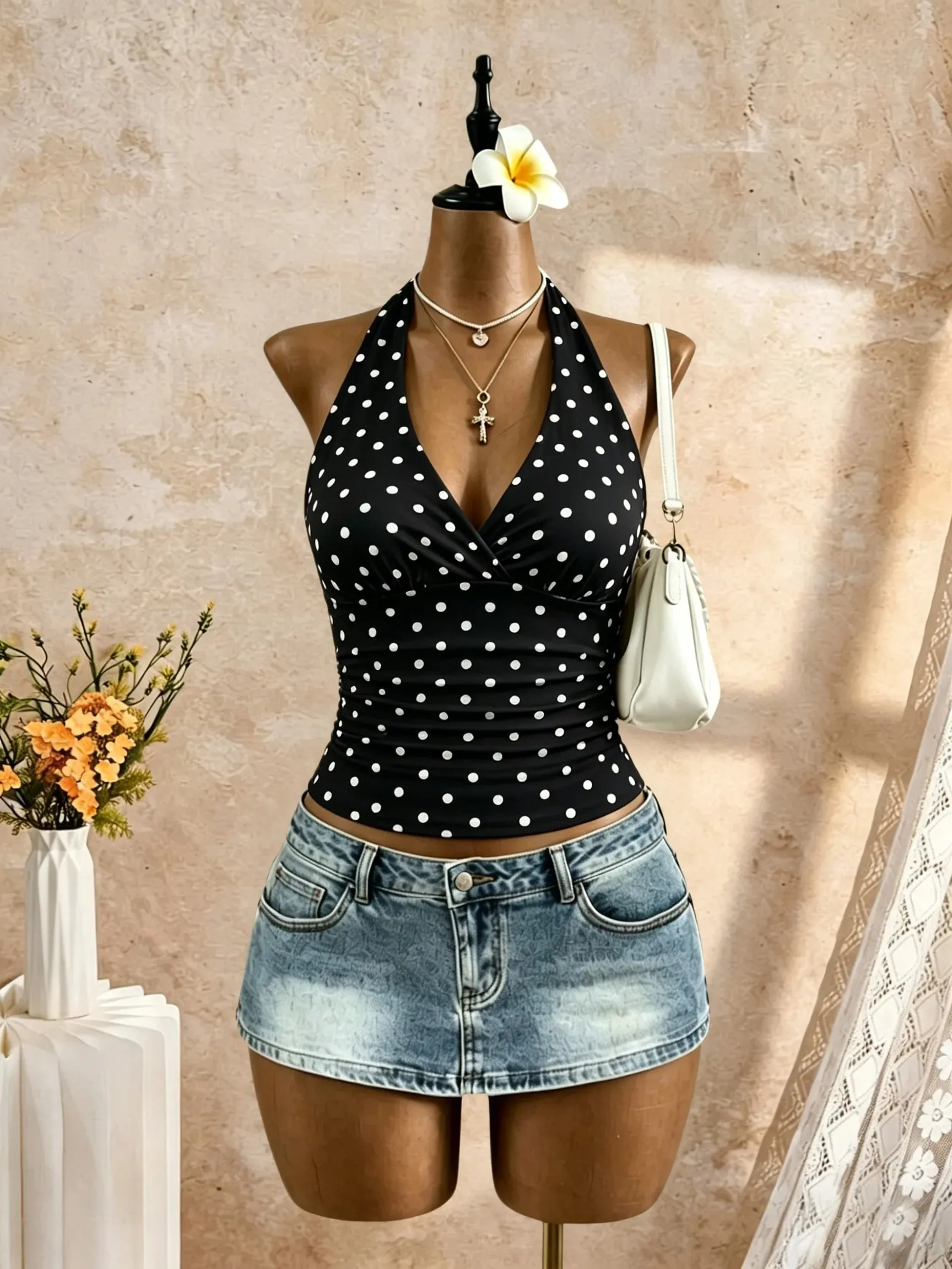 Women Halter Deep V Cross Wrap Side Ruched Slim Crop Camisole 2026 Summer Y2K Solid White Sleeveless Casual Daily Tank Top — image 10